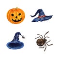 Hand drawn watercolor Halloween illustrations with pampkin, spider and hats isolated on white background