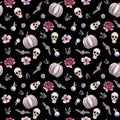 Hand drawn Watercolor Halloween Seamless pattern with human Skull, flowers, bat and pumpkin on black background