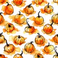 Hand drawn watercolor Halloween seamless pattern with pampkin isolated on white background