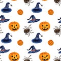 Hand drawn watercolor Halloween seamless pattern with pampkin, s Royalty Free Stock Photo