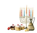 Hand drawn watercolor Hanukkah banner design with menorah with candles, dreidel, traditional donuts, sufganiyot, coins for web