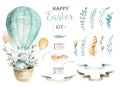 Hand drawn watercolor happy easter set with bunnies design.Rabb