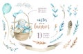 Hand drawn watercolor happy easter set with bunnies design.Rabb