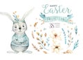 Hand drawn watercolor happy easter set with bunnies design. Rabbit bohemian style, isolated boho illustration on white.