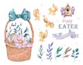 Hand drawn watercolor happy easter set with basket and squirrel design. Rabbit bohemian style, isolated boho illustration on white