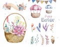 Hand drawn watercolor happy easter set with basket floral design. Spring bohemian style, isolated boho illustration on white.