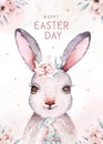 Hand drawn watercolor happy easter set with bunnies head and flral wreath design. Rabbit bohemian style, buny isolated boho Royalty Free Stock Photo