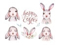 Hand drawn watercolor happy easter set with bunnies head and flral wreath design. Rabbit bohemian style, buny isolated boho Royalty Free Stock Photo