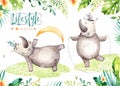 Hand drawn watercolor hippopotamus animals. Boho nursery yoga practice hippo illustrations, jungle tree, brazil trendy