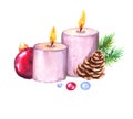 Hand-drawn watercolor holiday illustration with violet candles and cone