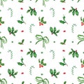 Hand drawn watercolor holly twig seamless pattern on white background. Christmass and New Year symbol, decorative element.