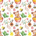 Hand drawn Watercolor Honey Bear Seamless Pattern for card making, paper, textile and printing