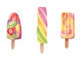Hand drawn watercolor Ice cream set popsicles with fruits Royalty Free Stock Photo