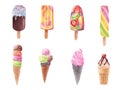 Hand drawn watercolor Ice cream waffle cones and popsicles set
