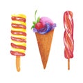 Hand drawn watercolor icecream and popsicle set isolated on white background. Can be used for cards, label, banner and other Royalty Free Stock Photo