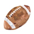 Hand drawn watercolor illustration: American football ball isolated on white background. Royalty Free Stock Photo