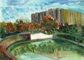 Hand drawn watercolor illustration. Autumn urban sketch. Cityscape with houses and builings. City and park garden. Green and orang