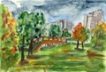 Hand drawn watercolor illustration. Autumn urban sketch. Cityscape with houses and builings. City and park garden. Green and orang