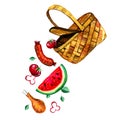 Hand drawn watercolor illustration with basket and food for picnic, summer eating out and barbecue Royalty Free Stock Photo