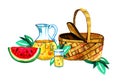 Hand drawn watercolor illustration with basket, lemonade and watermelon. Picnic, summer eating out and barbecue Royalty Free Stock Photo