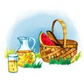 Hand drawn watercolor illustration with basket, watermelon and lemonade on grass. Picnic, summer eating out and barbecue Royalty Free Stock Photo