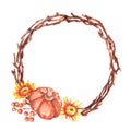 Hand-drawn watercolor illustration of the beautiful autumn wreath with little pumpkin, different colorful flowers chrysanthemums