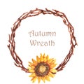 Hand-drawn watercolor illustration of the beautiful autumn wreath with sunflower Royalty Free Stock Photo