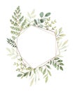 Hand drawn watercolor illustration. Botanical composition with gold frame, eucalyptus, branches, fern and leaves. Greenery.