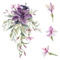 Hand drawn watercolor illustration botanical flowers leaves. Lily clivia amaryllis, pink lobelia jasmine, willow
