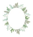 Hand drawn watercolor illustration. Botanical frame with eucalyptus, fir-tree branches and green leaves. Greenery. Floral Design Royalty Free Stock Photo