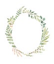 Hand drawn watercolor illustration. Botanical greenery wreath with branches and leaves. Eucalyptus. Floral Design elements. Royalty Free Stock Photo