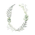 Hand drawn watercolor illustration. Botanical wreath of green br