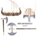 Hand drawn watercolor illustration boy clipart vikings set isolated objects labrys ship boat helmet with horns axe Royalty Free Stock Photo