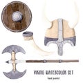 Hand drawn watercolor illustration boy clipart vikings set isolated objects blue yellow shield helmet with horns labrys