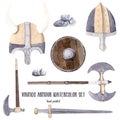 Hand drawn watercolor illustration boy clipart vikings set isolated objects blue yellow shield labrys axe helmet with horns Royalty Free Stock Photo