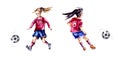 hand-drawn watercolor illustration. characters, girls in football uniforms from the same team play football, train with a ball.