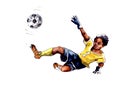 Hand-drawn watercolor illustration. Children's sports: football, a boy goalkeeper in a yellow football uniform