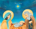 Hand drawn watercolor illustration Christian Nativity scene. Virgin Mary, Jesus Christ, Joseph, Bethlehem night and star. For Merr Royalty Free Stock Photo