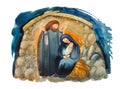 Hand Drawn Watercolor Illustration Christian Nativity Scene. Virgin Mary, Jesus Christ, Joseph, Holy Night With The Star Of