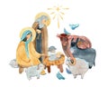 Hand drawn watercolor illustration Christian nativity scene. Virgin Mary, Jesus Christ, Joseph, sheep, animals, Star of Bethlehem. Royalty Free Stock Photo