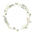 Hand drawn watercolor illustration. Circle gold frame with botanical branches and leaves. Greenery. Floral Design elements. Royalty Free Stock Photo