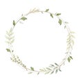 Hand drawn watercolor illustration. Circle gold frame with botanical branches and leaves. Greenery. Floral Design elements. Royalty Free Stock Photo