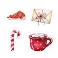 Letter, candy cane, mug of hot chocolate and pie
