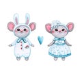 Hand drawn watercolor illustration clipart set of cute little mice couple in carnival costumes of rabbit and snowflake isolated on Royalty Free Stock Photo
