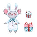 Hand drawn watercolor illustration clipart set of cute little mouse in carnival costume of rabbit, gift box and cupcake isolated