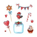 Christmas sweets, jar, decorations and garland