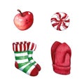 Hand drawn watercolor illustration clop art set of red apple, hard candy and pair of striped socks with knitted mittens isolated Royalty Free Stock Photo