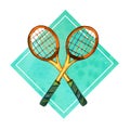 Hand drawn watercolor illustration of crossed badminton rackets in green rectangular frame