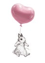 Hand drawn watercolor illustration with cute adorable bunny little character fly on pink balloon