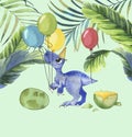 Hand drawn watercolor illustration of cute cartoon dinosaur with colorful balloons and tropical leaves Royalty Free Stock Photo